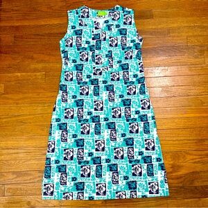 Katherine Way Nylon Spandex Sleeveless Hawaiian Floral Dress Blue Green Sz Small